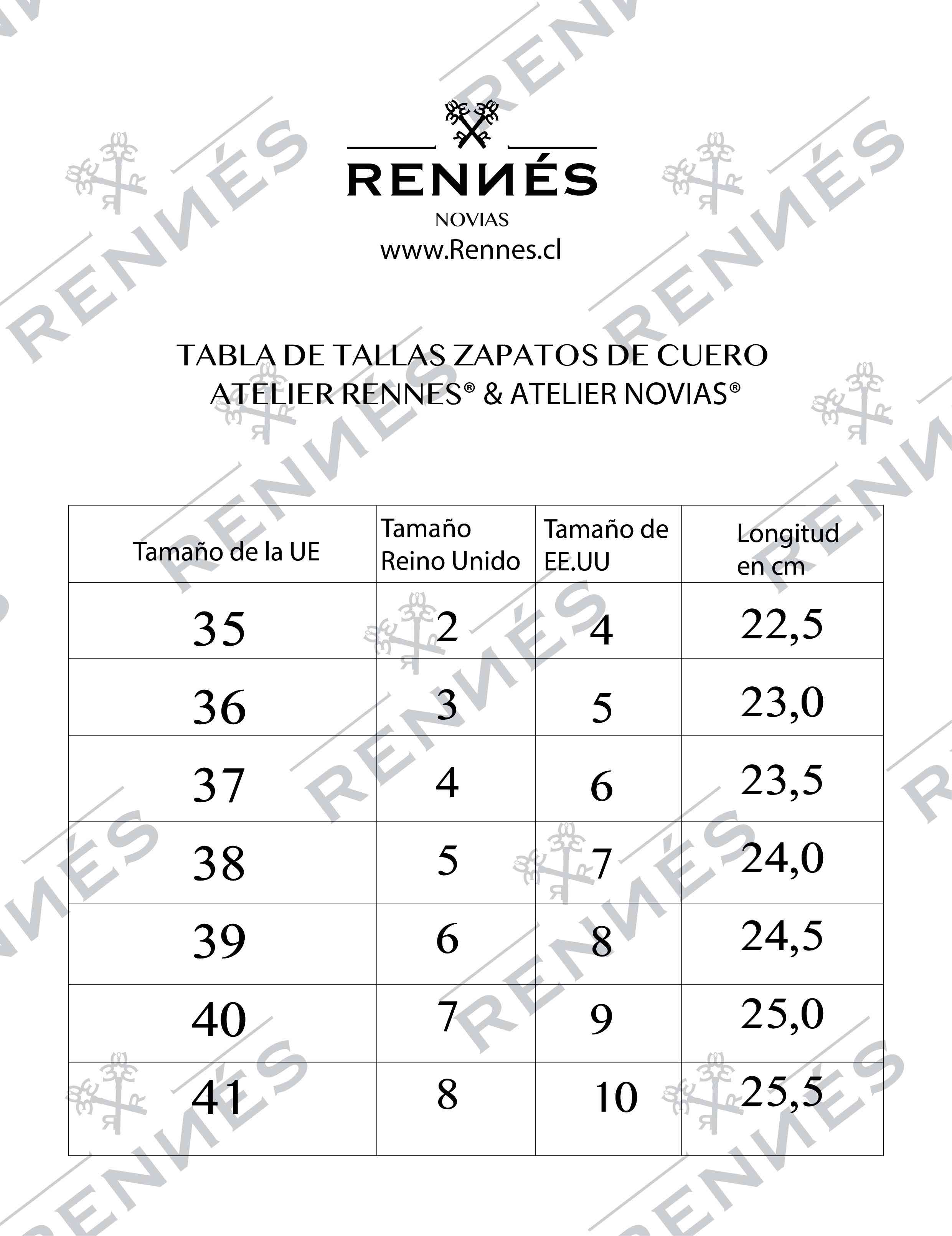 TABLA DE TALLAS ZAPATOS RENNES ATELIER® & RENNES NOVIAS®